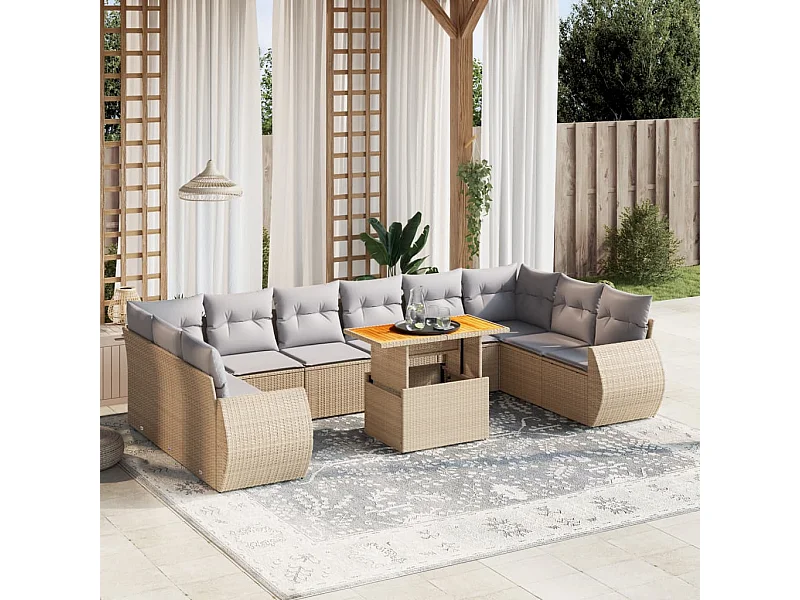 Set Divani da Giardino 11 pz con Cuscini Beige in Polyrattan
