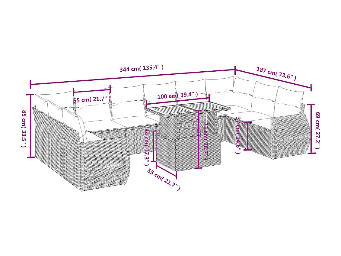 11 pcs conjunto sofás de jardim c/ almofadões vime PE bege
