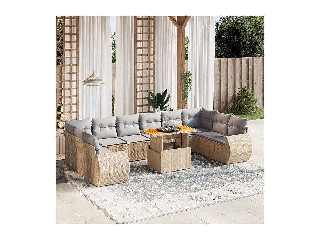 Salon de jardin 11 pcs avec coussins beige résine tressée