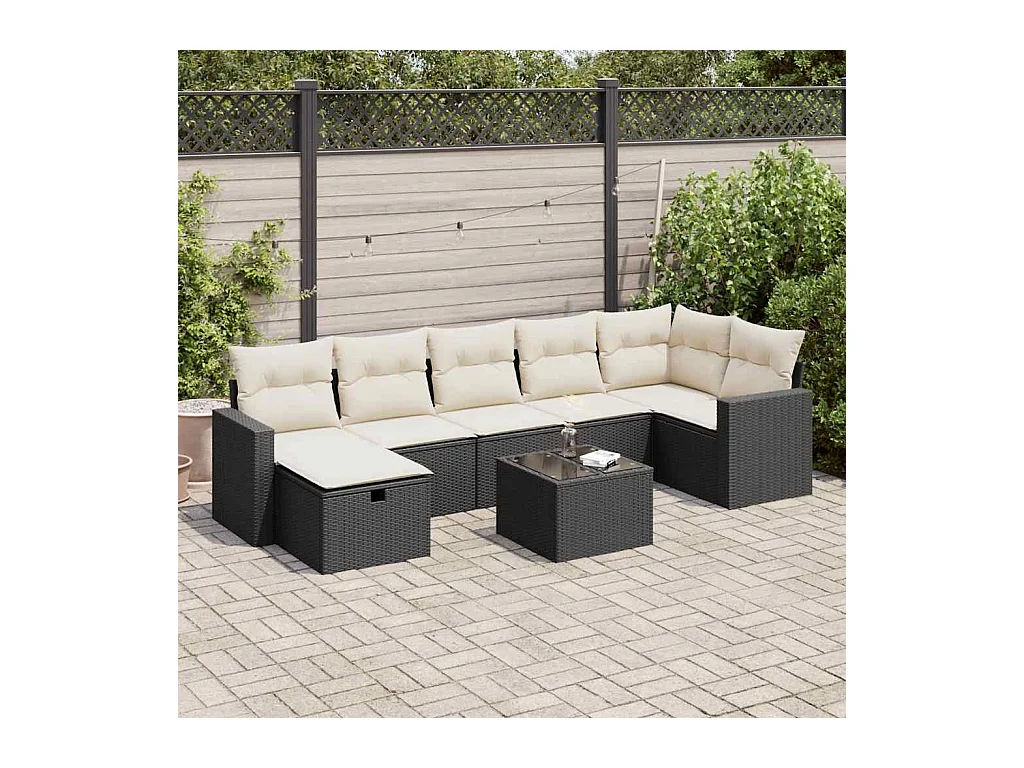 8-tlg. Garten-Sofagarnitur mit Kissen Schwarz Poly Rattan