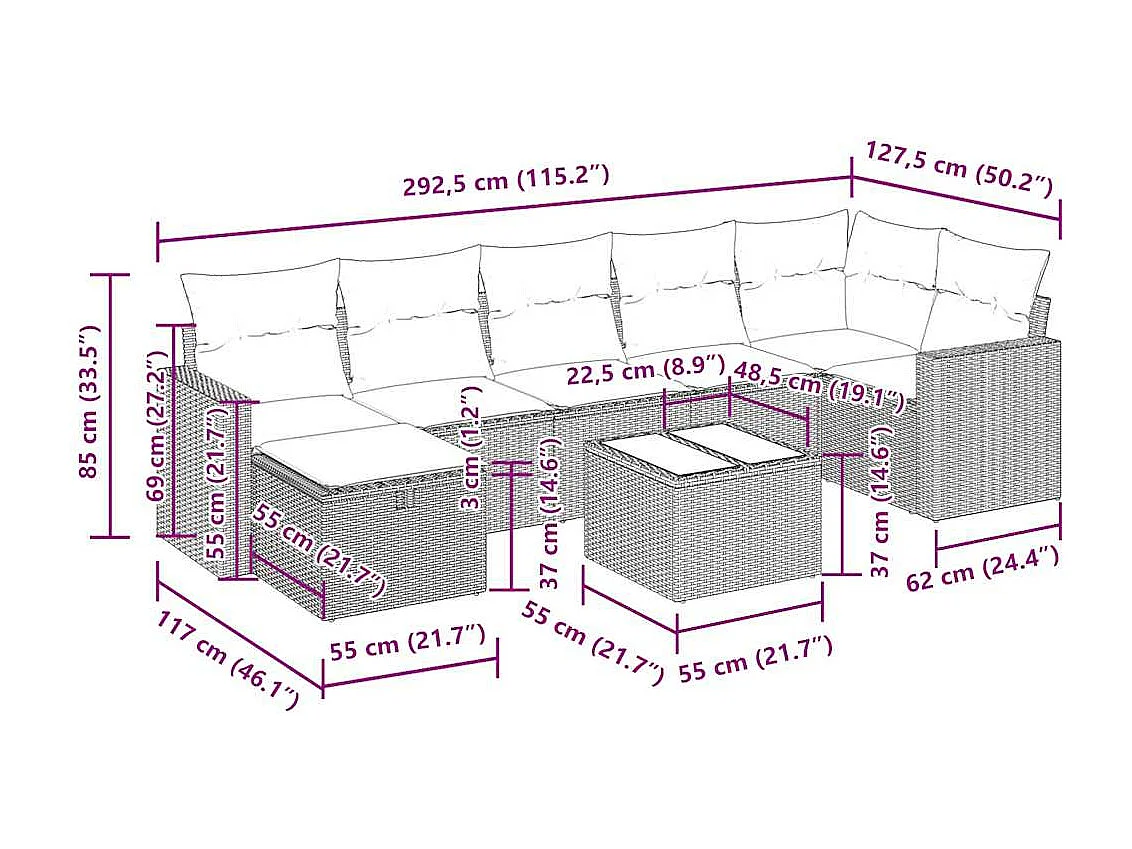 8-tlg. Garten-Sofagarnitur mit Kissen Schwarz Poly Rattan