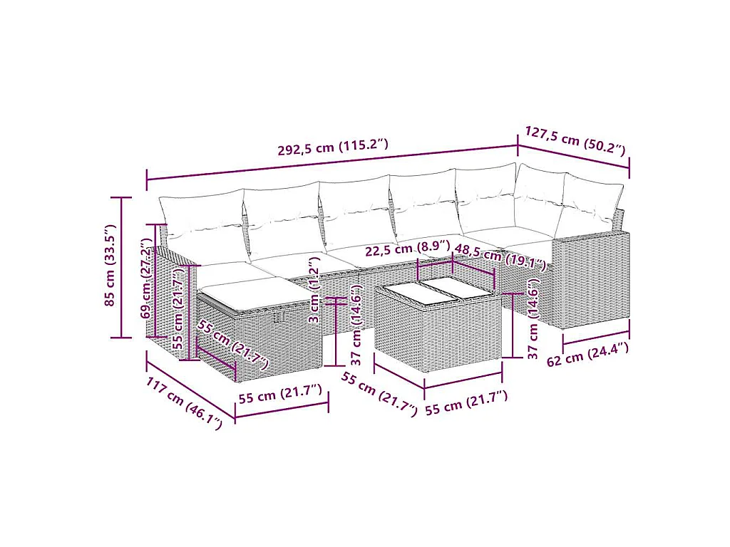 8-delige Loungeset met kussens poly rattan zwart
