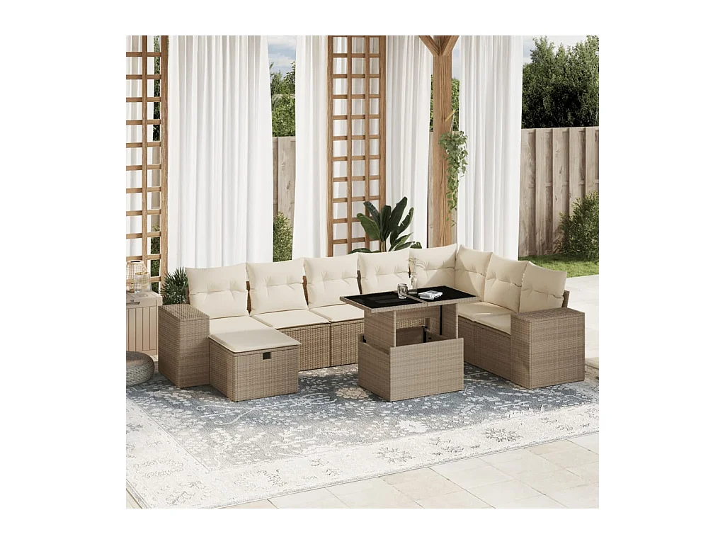 Salon de jardin avec coussins 9 pcs beige résine tressée