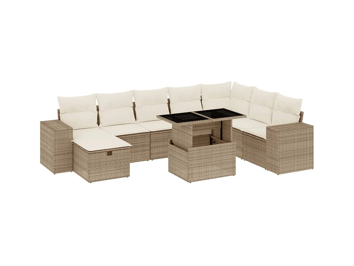 9-delige Loungeset met kussens poly rattan beige