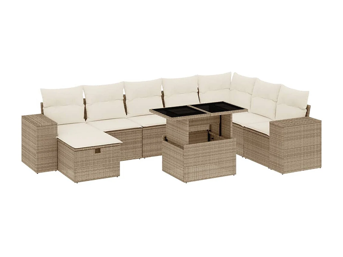 9-tlg. Garten-Sofagarnitur mit Kissen Beige Poly Rattan