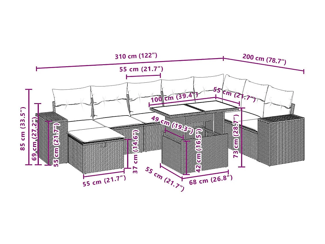 9-tlg. Garten-Sofagarnitur mit Kissen Beige Poly Rattan