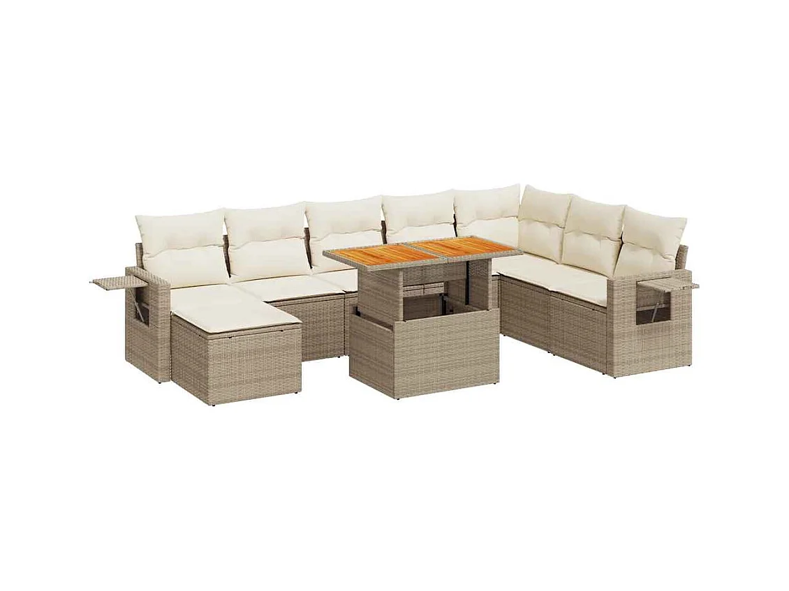 9-tlg. Garten-Sofagarnitur mit Kissen Beige Poly Rattan