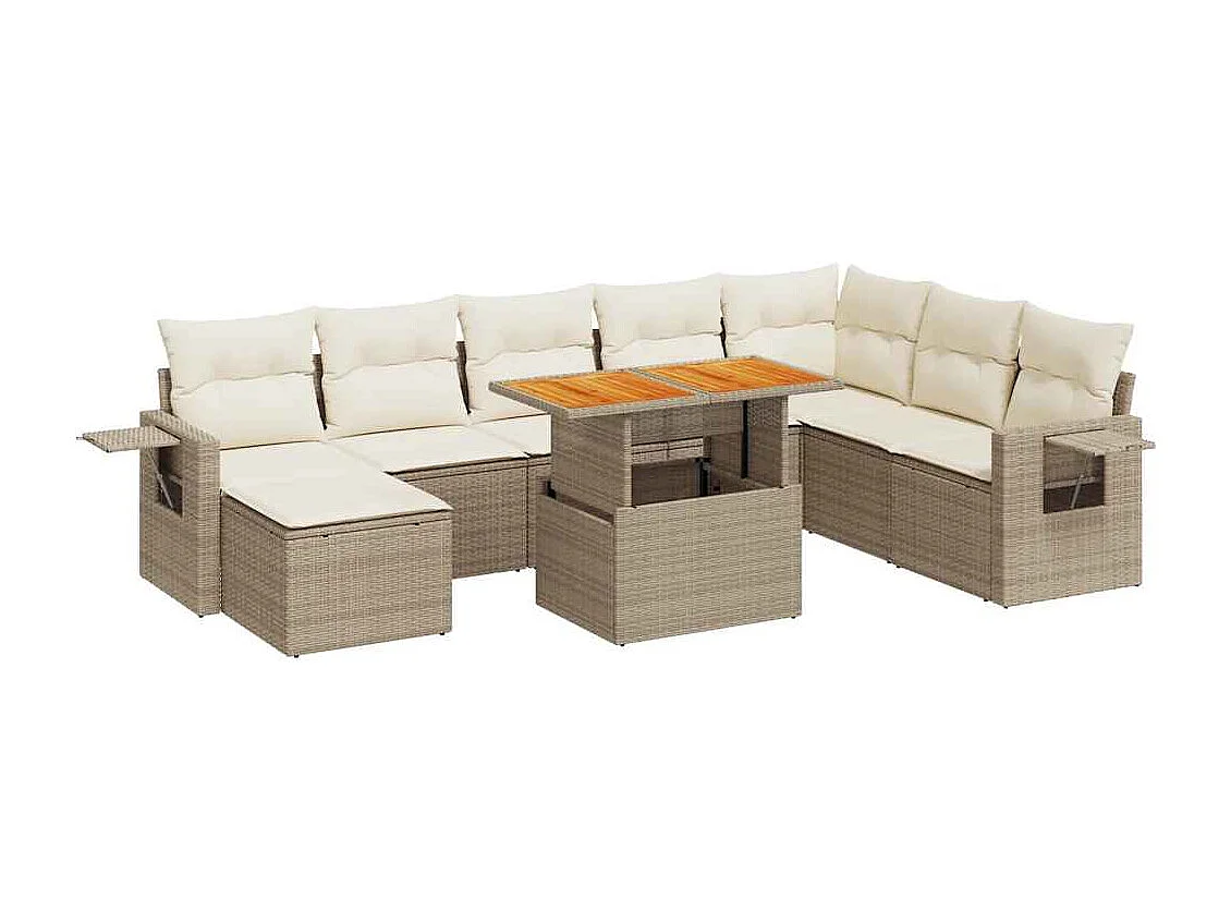 Set Divano da Giardino 9 pz con Cuscini Beige in Polyrattan