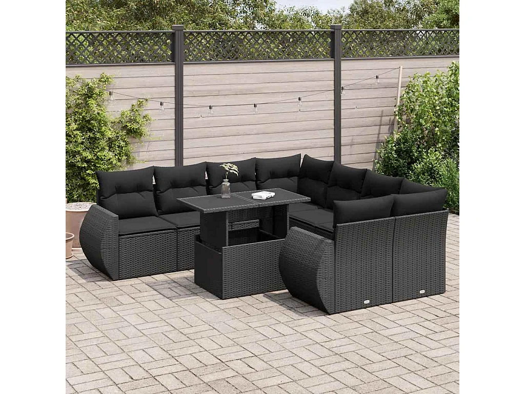 9-tlg. Garten-Sofagarnitur mit Kissen Schwarz Poly Rattan