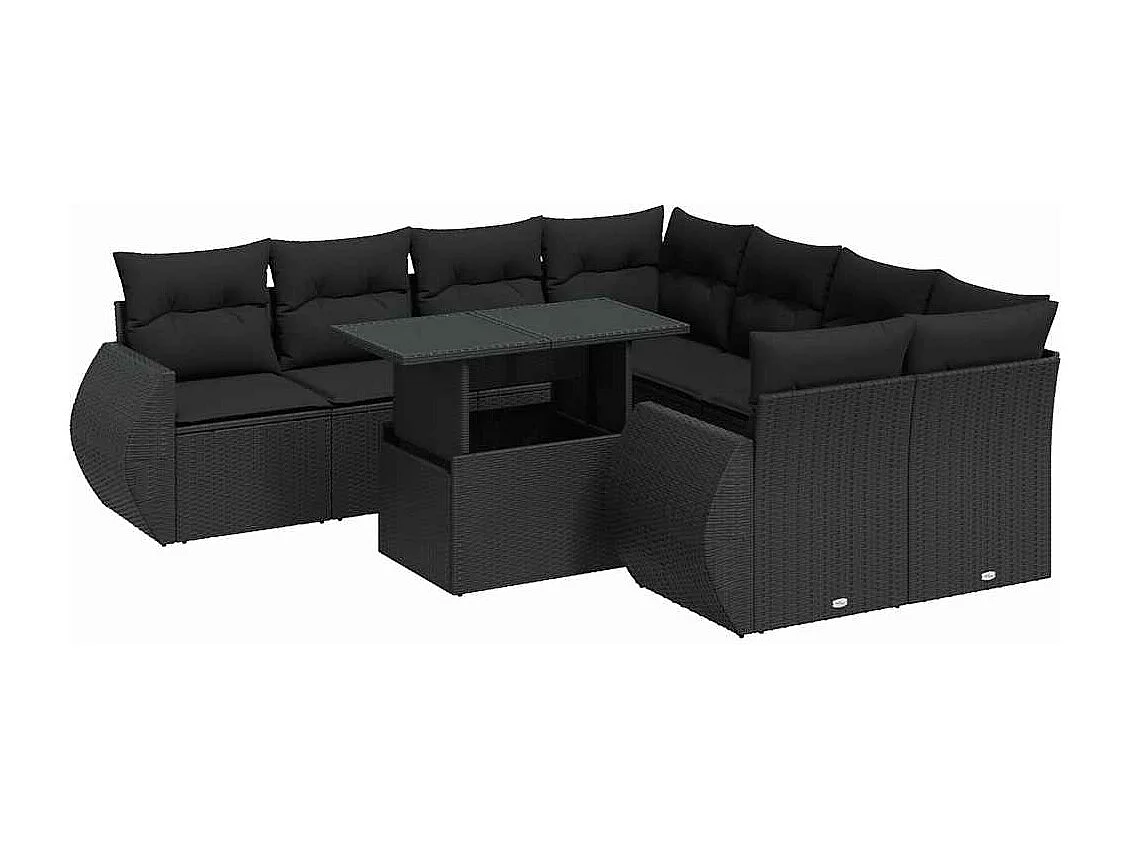 9-tlg. Garten-Sofagarnitur mit Kissen Schwarz Poly Rattan