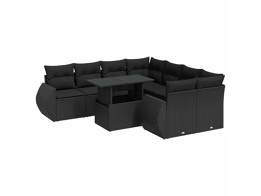 9-tlg. Garten-Sofagarnitur mit Kissen Schwarz Poly Rattan