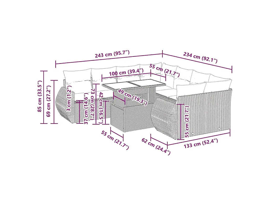 9-tlg. Garten-Sofagarnitur mit Kissen Schwarz Poly Rattan