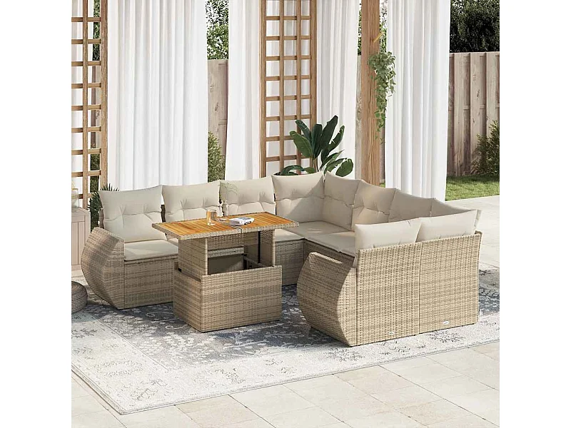 Salon de jardin avec coussins 9 pcs beige résine tressée