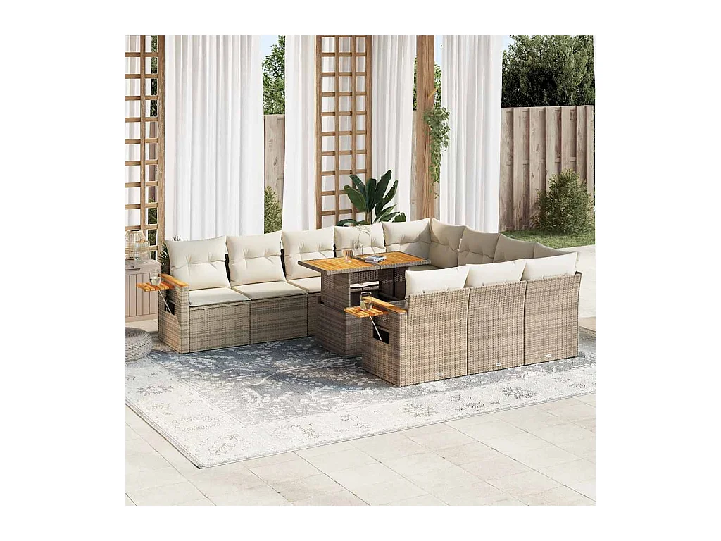 Salon de jardin 11pcs avec coussins beige résine tressée acacia