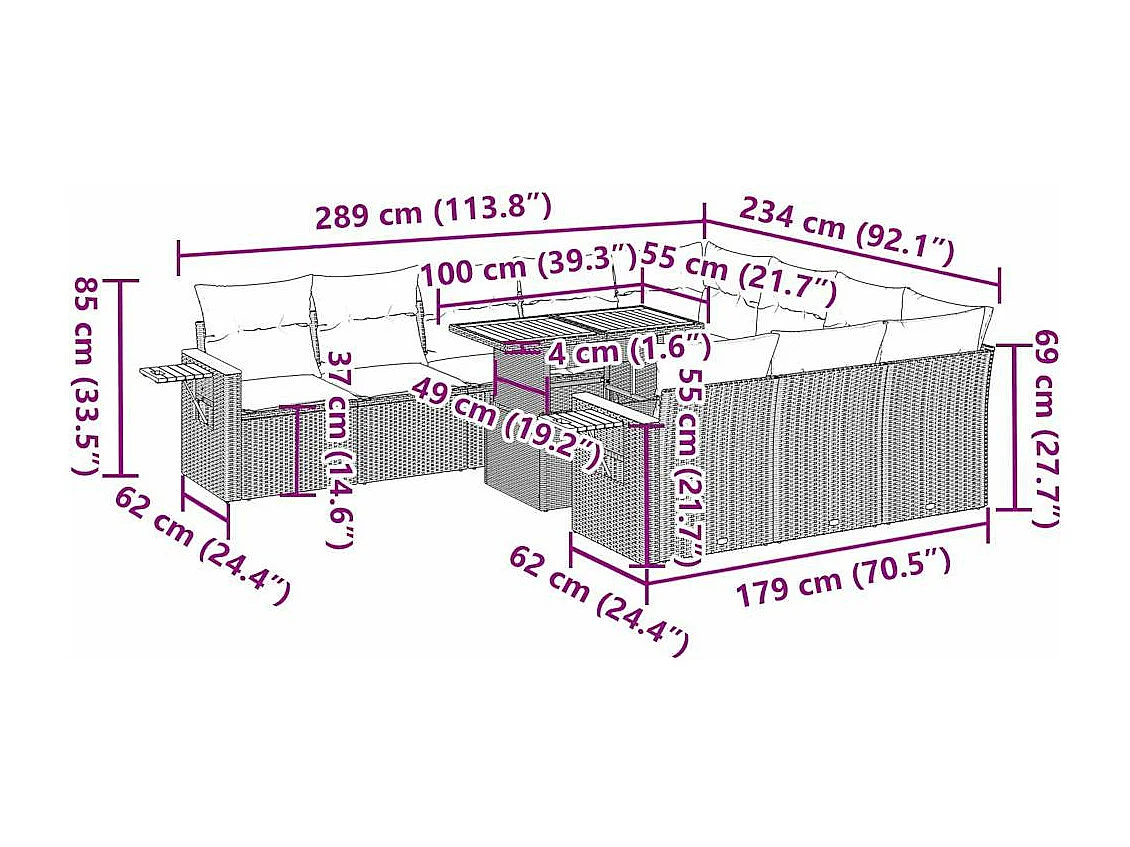 Salon de jardin 11pcs avec coussins beige résine tressée acacia