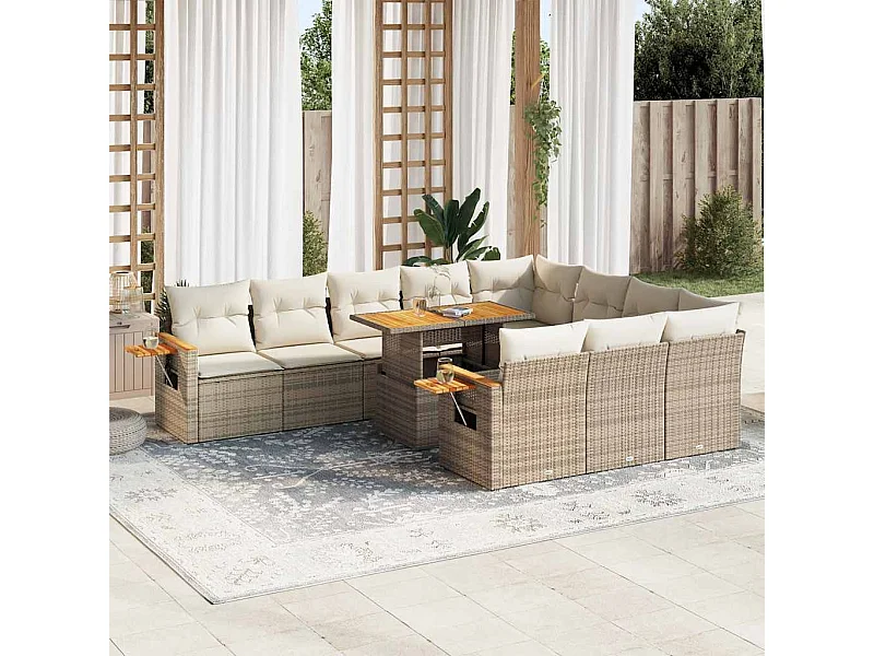 11 pcs conjunto sofás jardim c/ almofadões vime PE/acácia bege