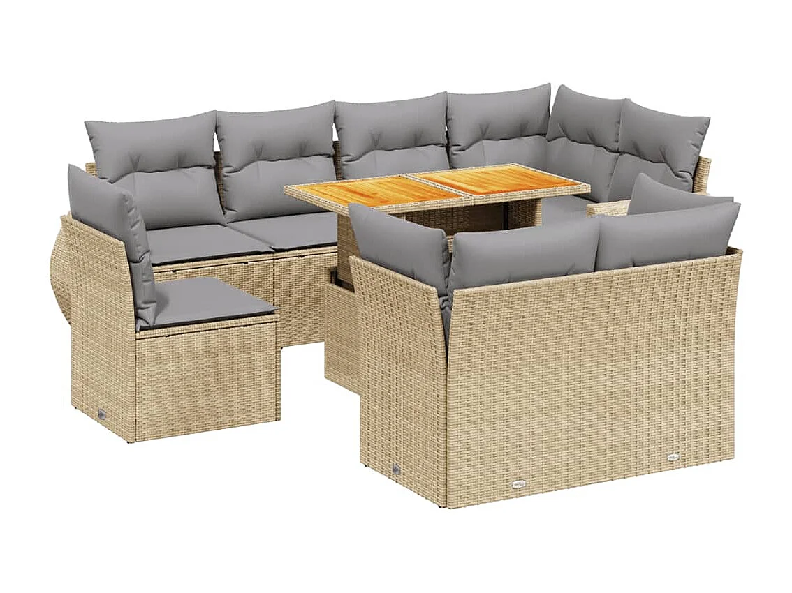 Salon de jardin avec coussins 9 pcs beige résine tressée
