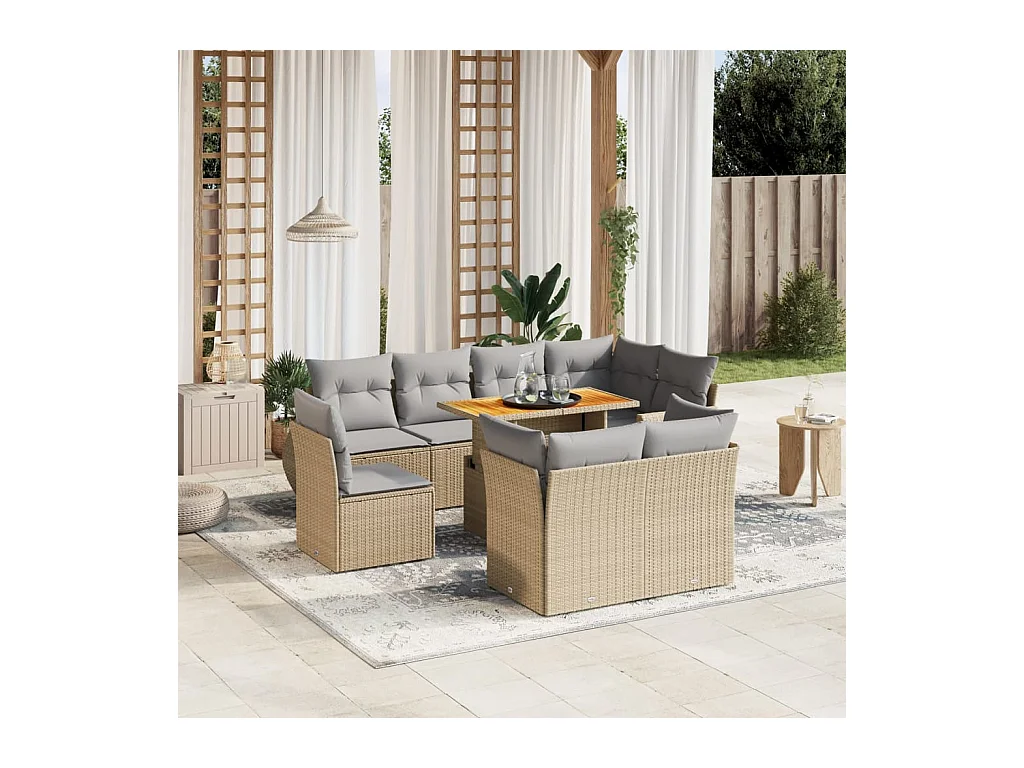 9-tlg. Garten-Sofagarnitur mit Kissen Beige Poly Rattan