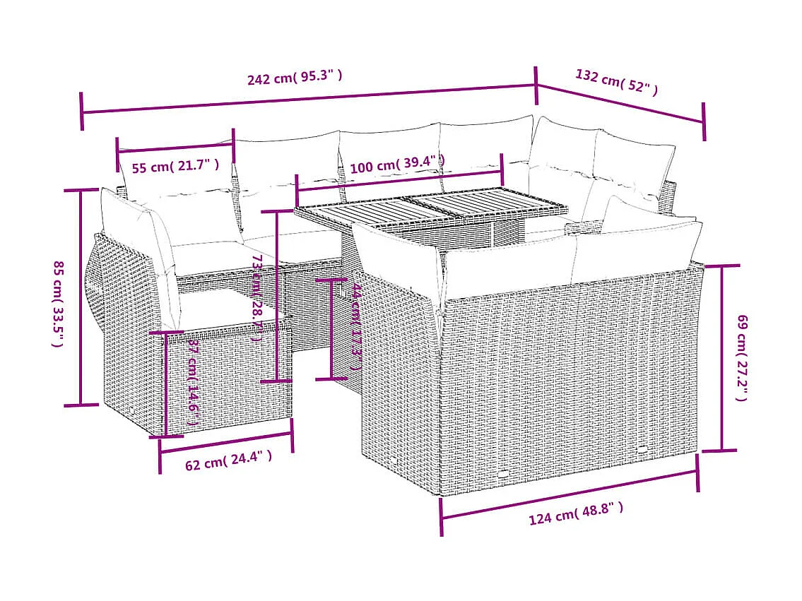 9-tlg. Garten-Sofagarnitur mit Kissen Beige Poly Rattan
