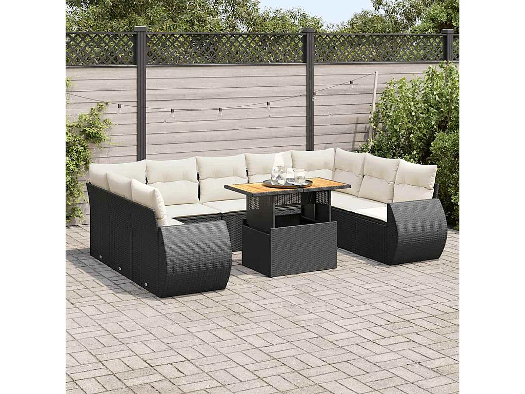 Salon de jardin 10 pcs avec coussins noir résine tressée