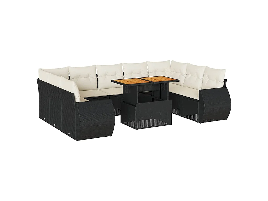10-delige Loungeset met kussens poly rattan zwart