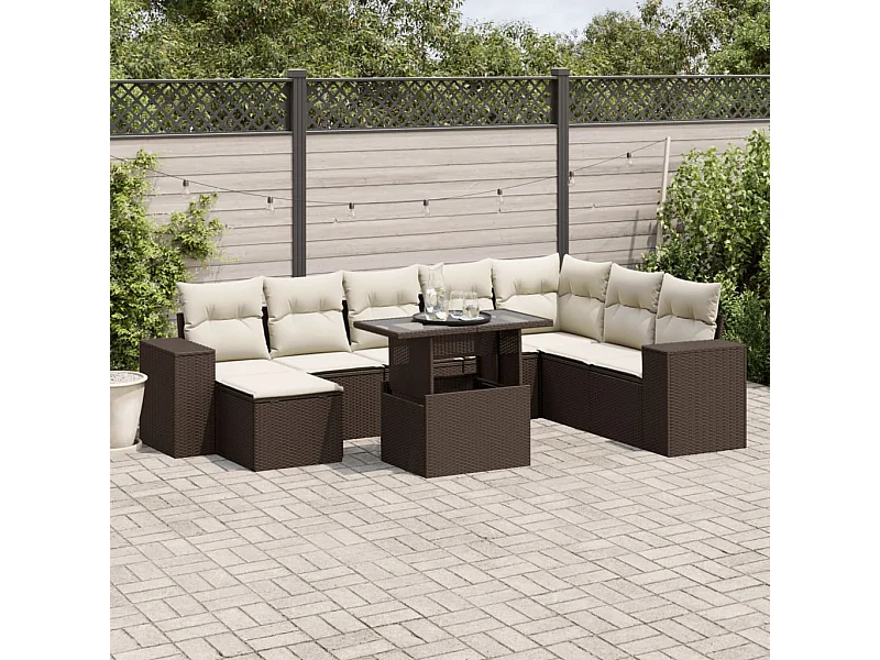 Salon de jardin avec coussins 9 pcs marron résine tressée