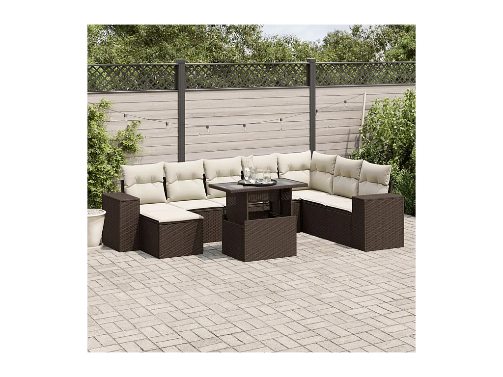 Salon de jardin avec coussins 9 pcs marron résine tressée