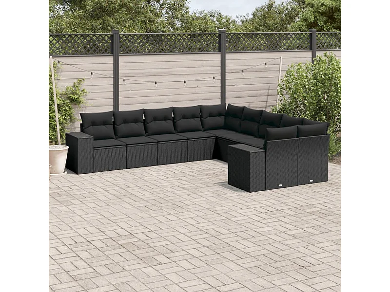 Set Divani da Giardino 10pz con Cuscini in Polyrattan Nero