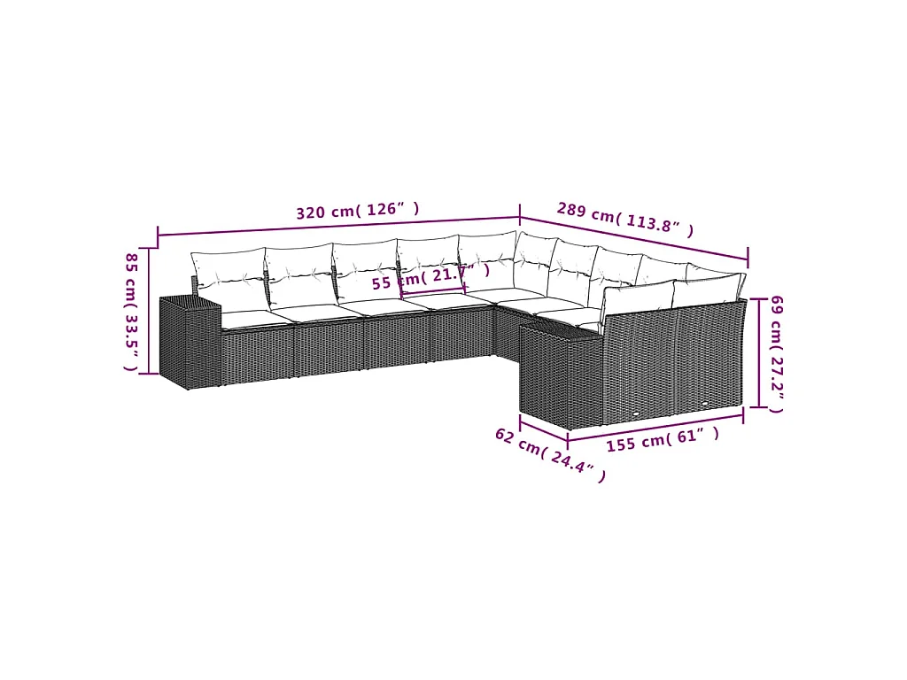 10-delige Loungeset met kussens poly rattan zwart