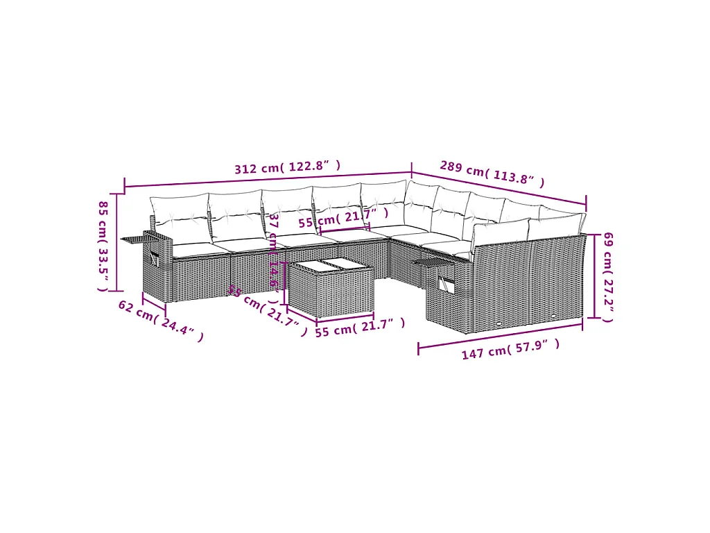 11-delige Loungeset met kussens poly rattan bruin