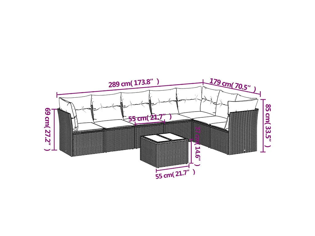 8-tlg. Garten-Sofagarnitur mit Kissen Braun Poly Rattan