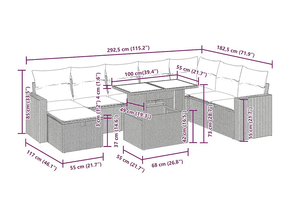 9-delige Loungeset met kussens poly rattan lichtgrijs