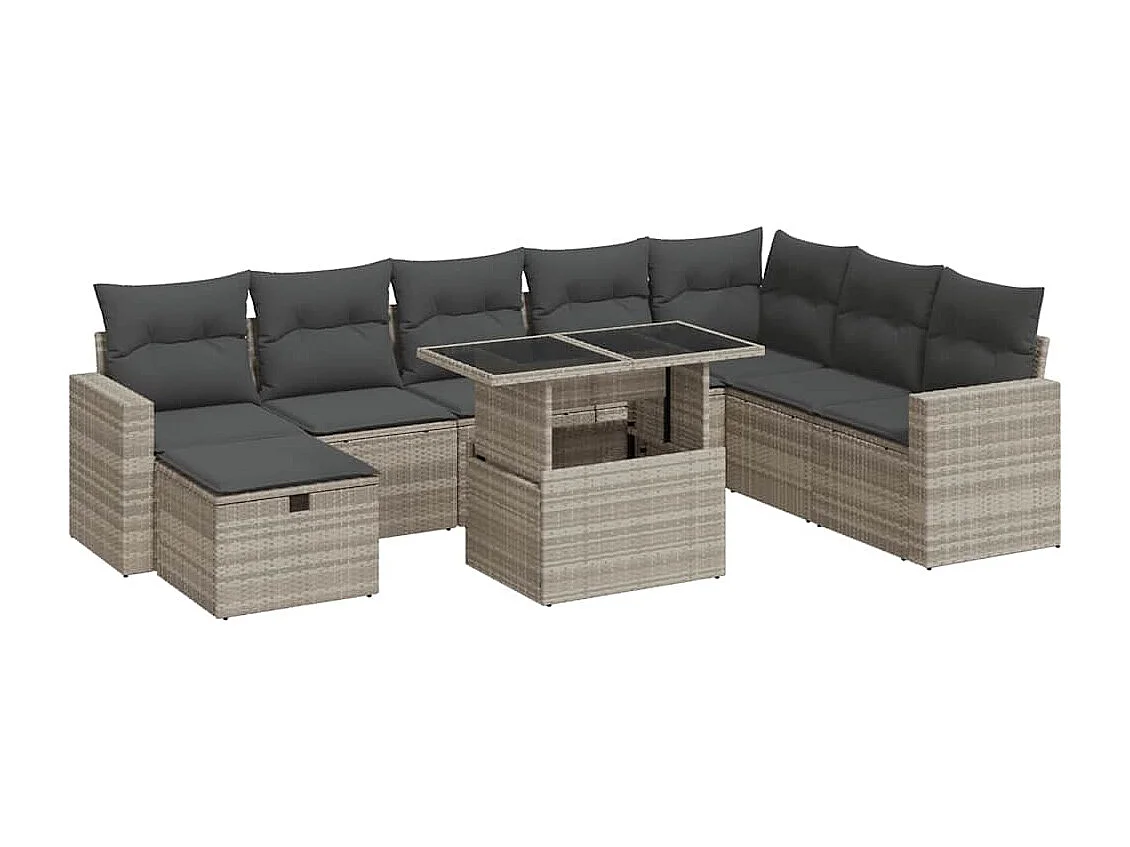 Salon de jardin 9 pcs avec coussins gris clair résine tressée
