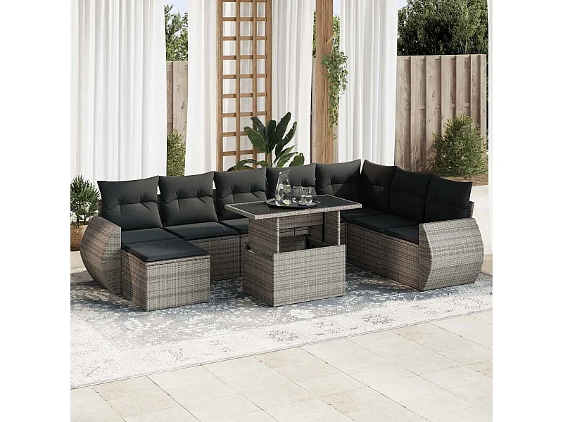 Set de sofás de jardín con cojines 9 pzas ratán sintético gris