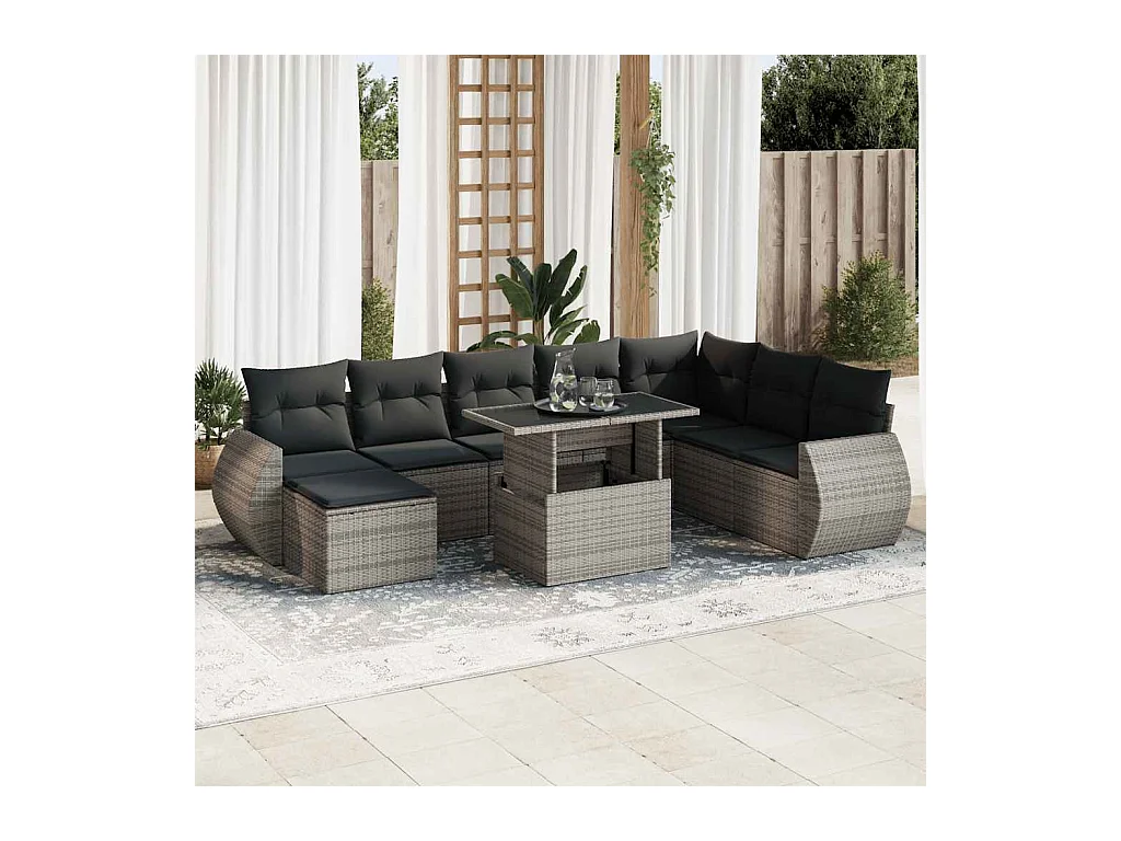 9 pcs conjunto sofás p/ jardim com almofadões vime PE cinzento