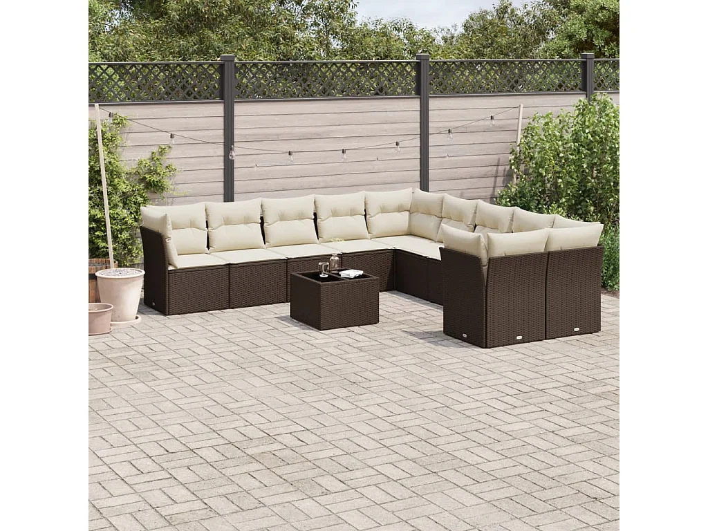 11-delige Loungeset met kussens poly rattan bruin