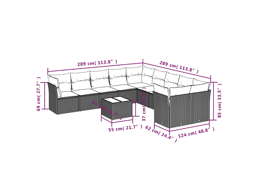 11-delige Loungeset met kussens poly rattan bruin