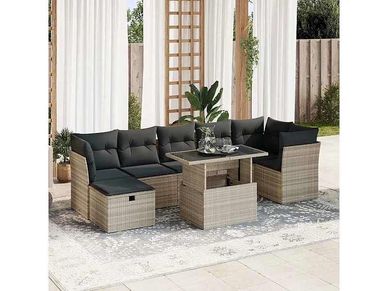 Salon de jardin 8 pcs avec coussins gris clair résine tressée