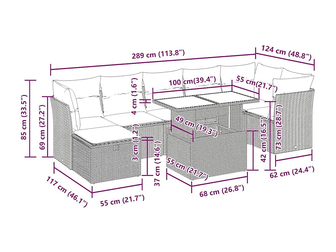Salon de jardin 8 pcs avec coussins gris clair résine tressée