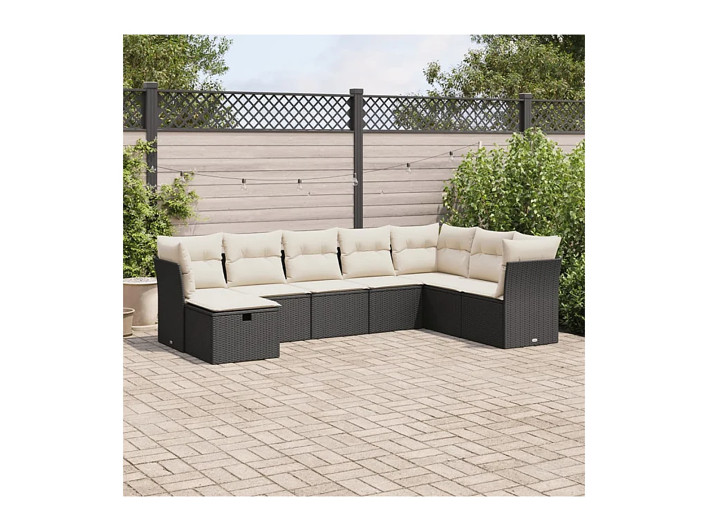 8-delige Loungeset met kussens poly rattan zwart