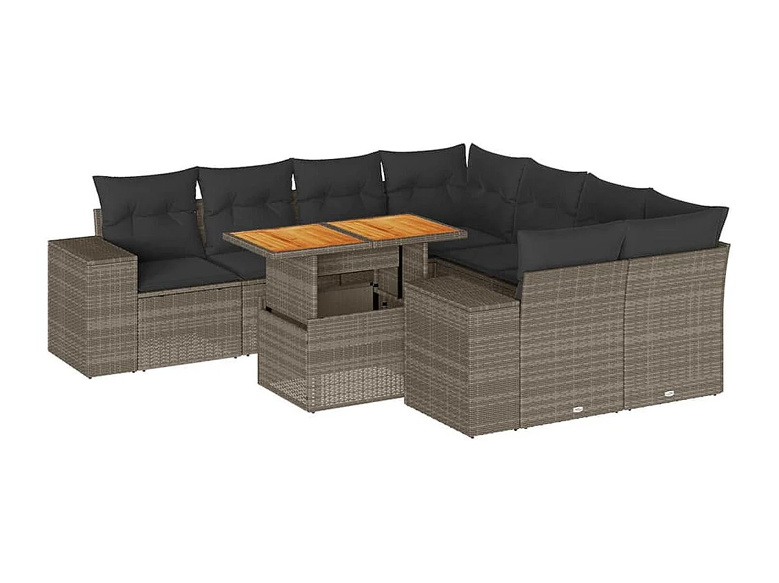 9-delige Loungeset met kussens poly rattan grijs