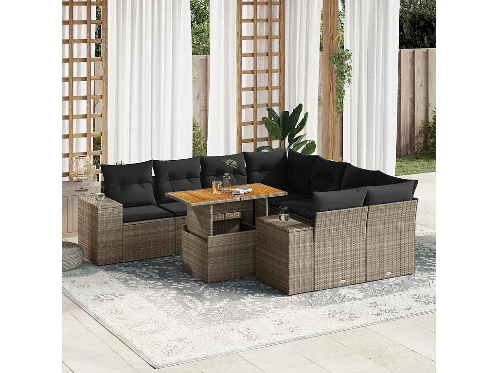 9-delige Loungeset met kussens poly rattan grijs