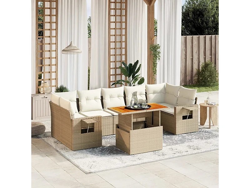 8-delige Loungeset met kussens poly rattan beige