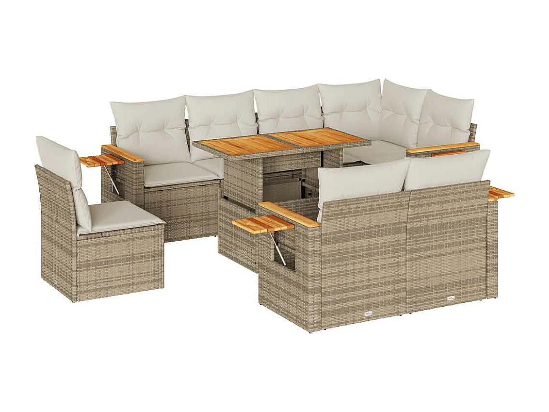 9-tlg. Garten-Sofagarnitur mit Kissen Beige Poly Rattan Akazie