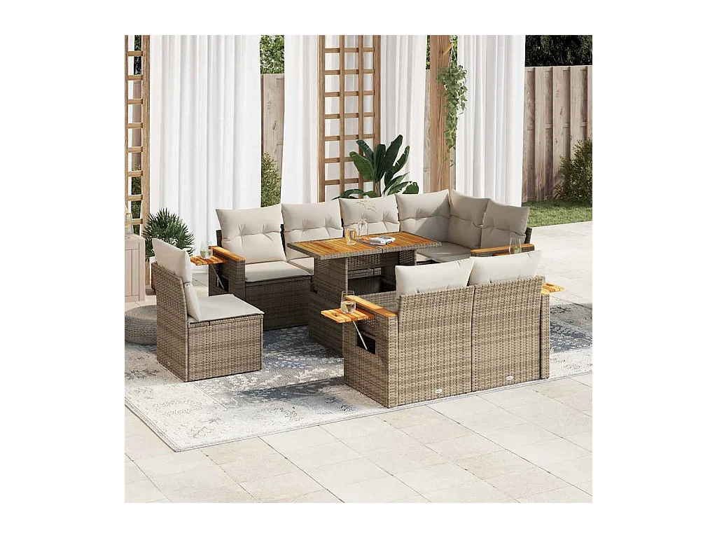 Salon de jardin avec coussins 9 pcs beige résine tressée acacia