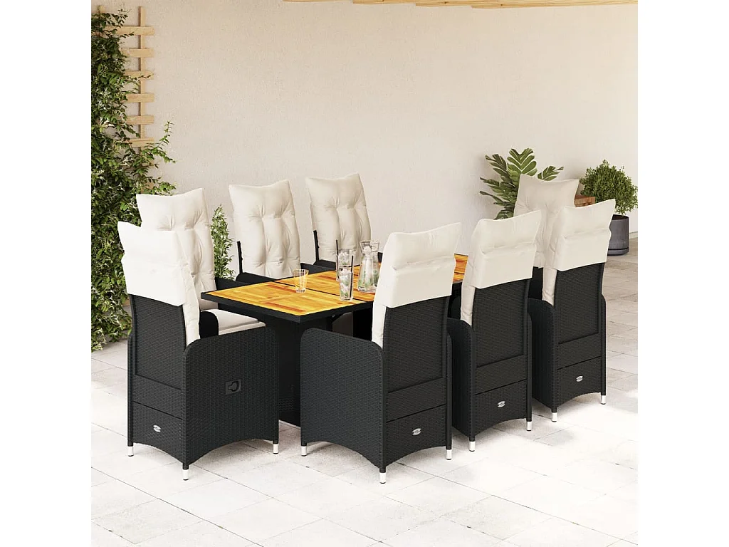 Ensemble de bistro de jardin 9 pcs coussins noir poly rotin