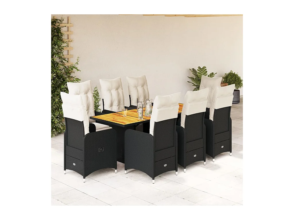 Set de mesa y sillas de jardín 9 pzas y cojines ratán PE negro