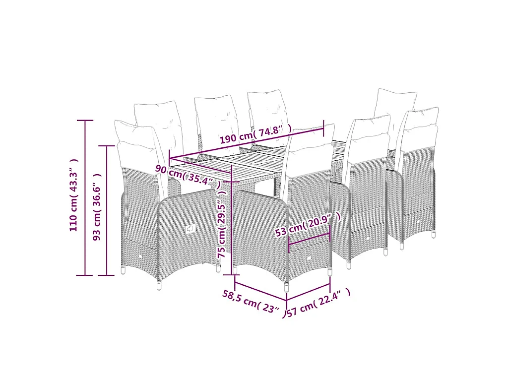 Ensemble de bistro de jardin 9 pcs coussins noir poly rotin