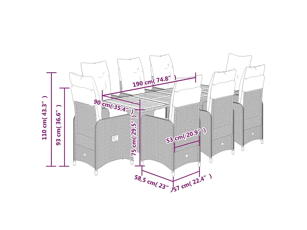 Ensemble de bistro de jardin 9 pcs coussins noir poly rotin