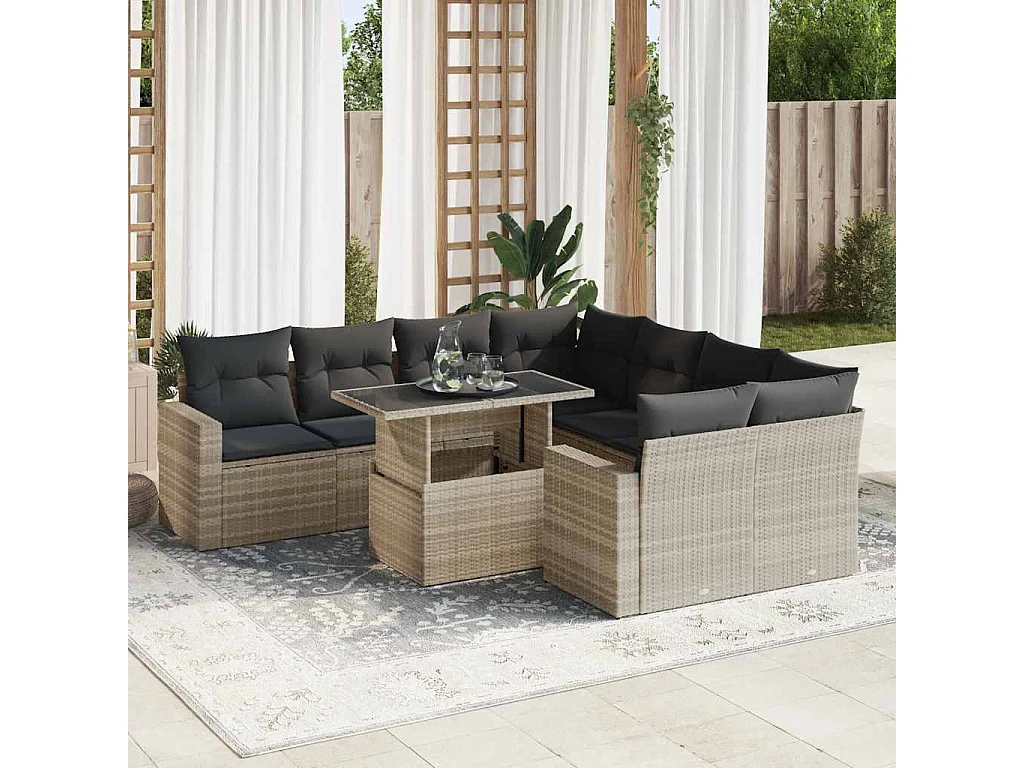 Salon de jardin 9 pcs avec coussins gris clair résine tressée